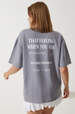 Happiness İstanbul Women's Gray Printed Oversize Two Thread Knitted T-Shirt