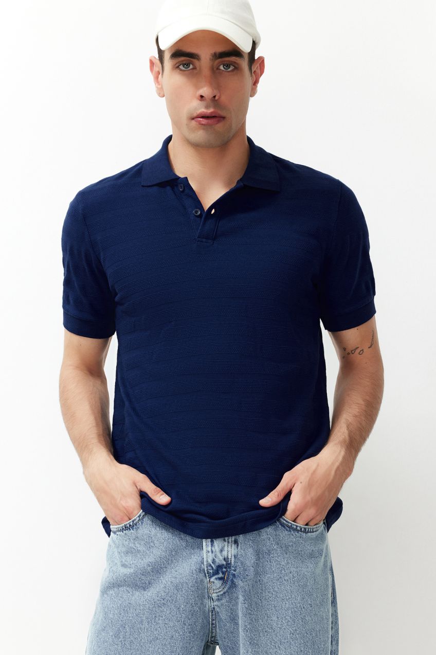 Trendyol Navy Blue Regular/Normal Cut Textured Polo Neck T-Shirt