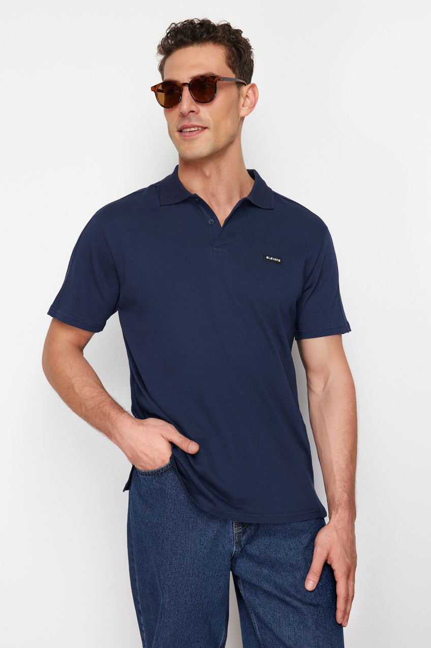 Trendyol Navy Blue Regular Cut Label Appliqued 100% Cotton Polo Neck T-shirt