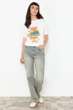 Trendyol White Foil Printed Slogan Regular/Normal Cut Knitted T-Shirt