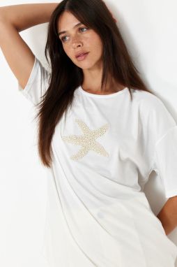 Trendyol Ecru Starfish Stone Embroidered Regular/Normal Cut Knitted T-Shirt
