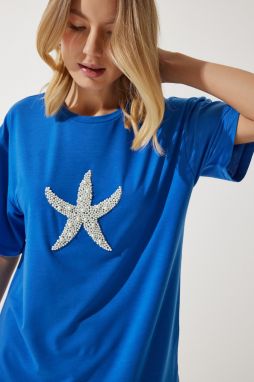 Happiness İstanbul Women's Blue Star Pearl Embroidered Oversize Knitted T-Shirt