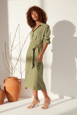 Trendyol Green 100% Linen Tie Midi Skirt