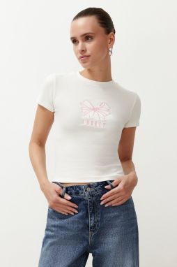 Trendyol Ecru Ribbon Embroidered Fitted T-Shirt