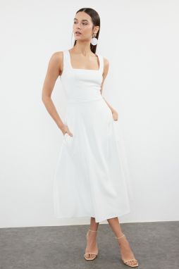 Trendyol Ecru Skirt Opening at the Waist Square Collar Pocket Detailed Midi Woven Dress