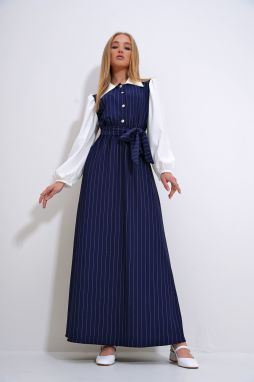 Trend Alaçatı Stili Women's Navy Blue Shirt Collar Button Detailed Striped Hijab Dress