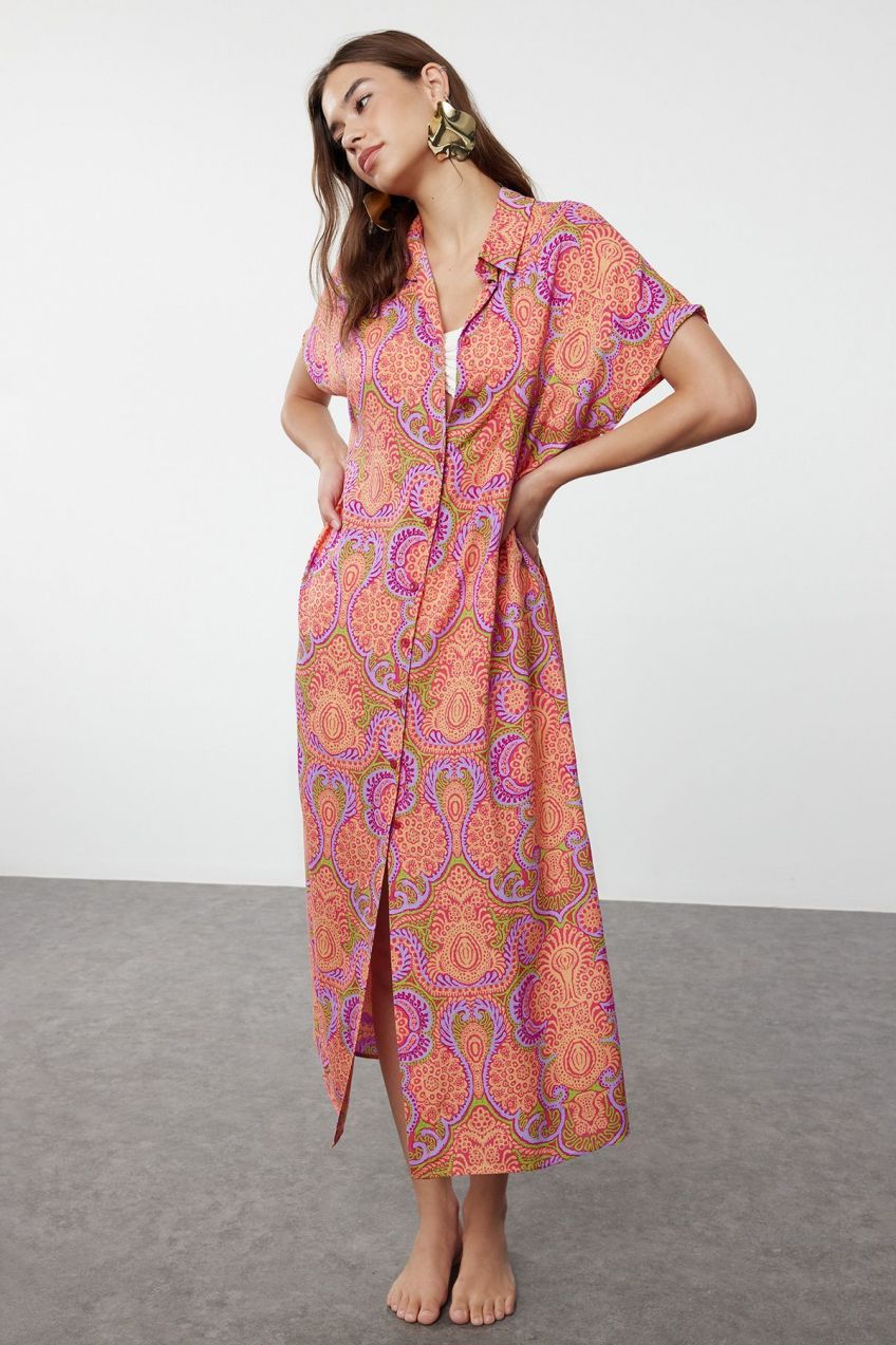 Trendyol Ethnic Patterned Wide Fit Midi Woven Beach Dress