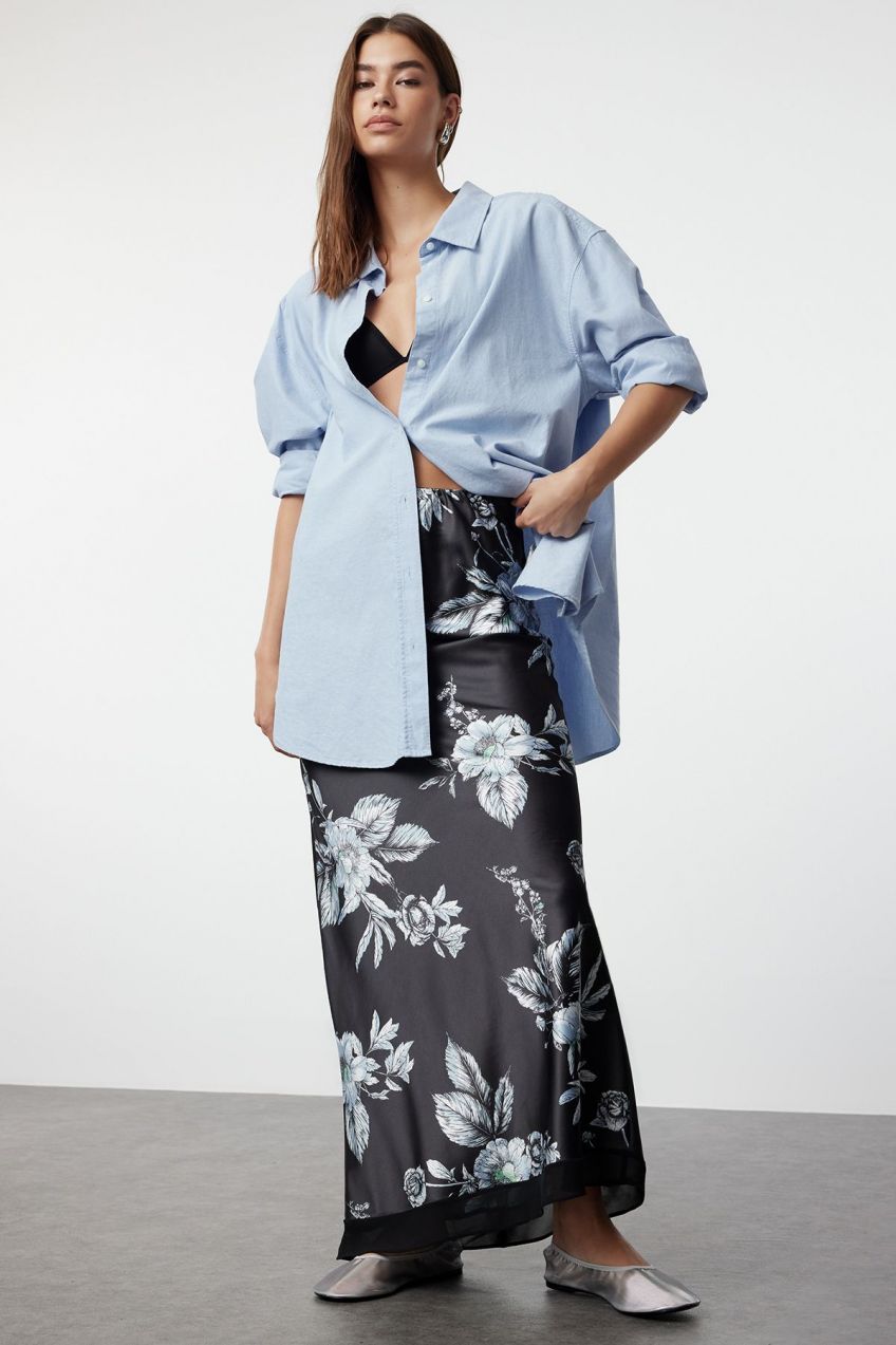 Trendyol Black Satin Patterned Hem Double Layer Tulle Detail Maxi Length Woven Skirt