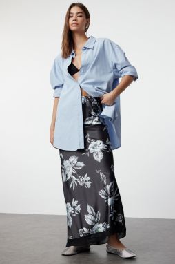Trendyol Black Satin Patterned Hem Double Layer Tulle Detail Maxi Length Woven Skirt