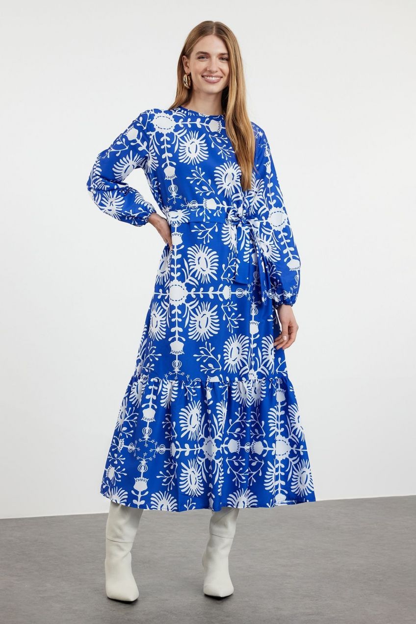 Trendyol Navy Blue Belted Floral Woven Dress