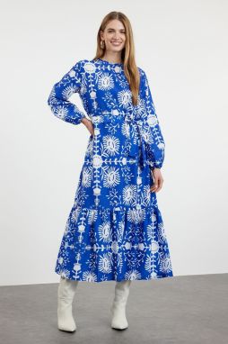 Trendyol Navy Blue Belted Floral Woven Dress