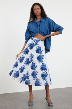Trendyol Navy Blue Woven Rose Pattern Pleated Skirt