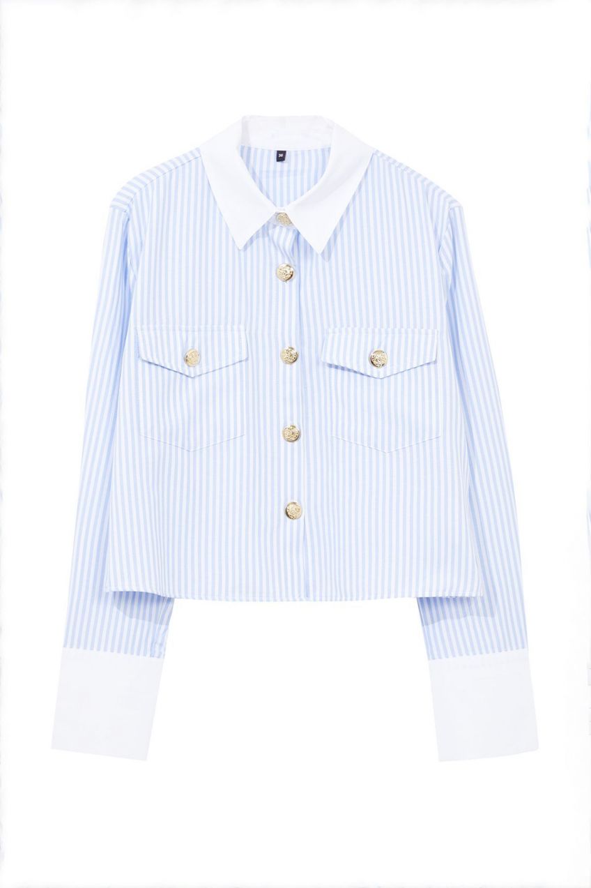 Trendyol Blue Metal Button Detailed Collar and Sleeve Detailed Striped Regular Regular Fit Shirt