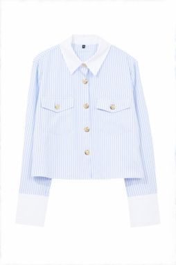 Trendyol Blue Metal Button Detailed Collar and Sleeve Detailed Striped Regular Regular Fit Shirt