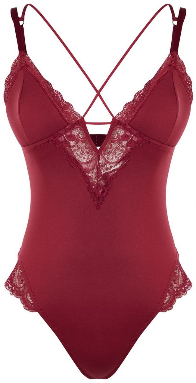 Trendyol Dark Cherry Micro Lace Piping Detailed Rope Strap Snap Knitted Bodysuit