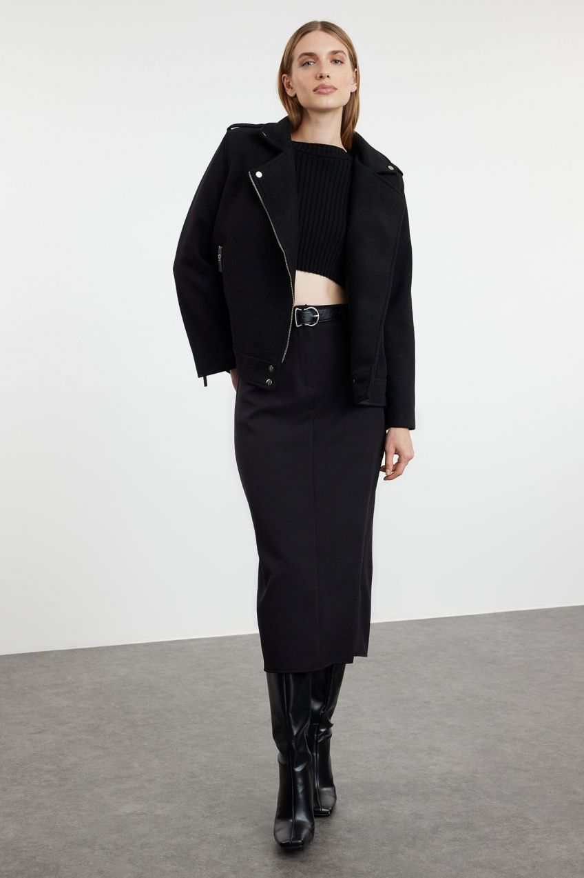 Trendyol Black Regular Pattern Knitted Cashmere Biker Thin Jacket Coat
