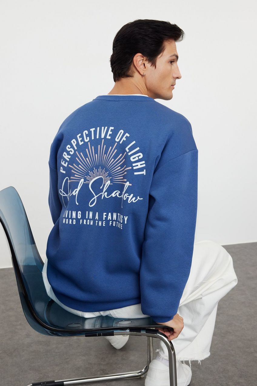 Trendyol Indigo Oversize/Wide Cut Back Printed Fleece/Warm Sweatshirt