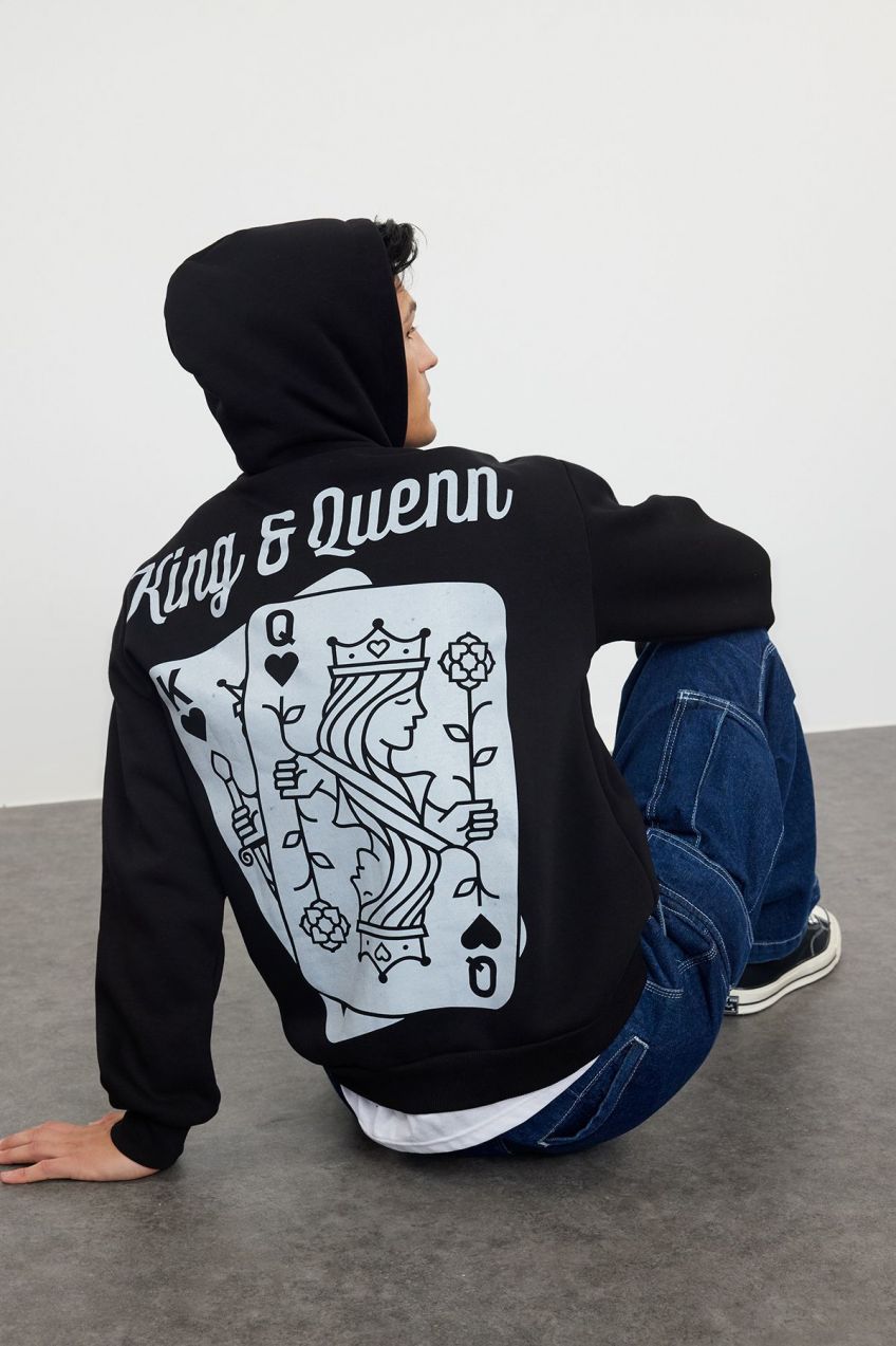 Trendyol Black Oversize/Wide Cut Hooded Card Print Fleece/Warm Sweatshirt