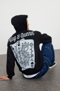 Trendyol Black Oversize/Wide Cut Hooded Card Print Fleece/Warm Sweatshirt