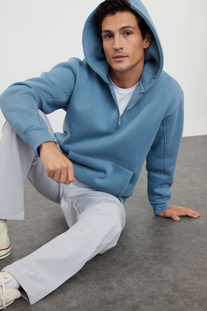 Trendyol Blue Oversize/Wide Cut Zippered Hooded Sweatshirt
