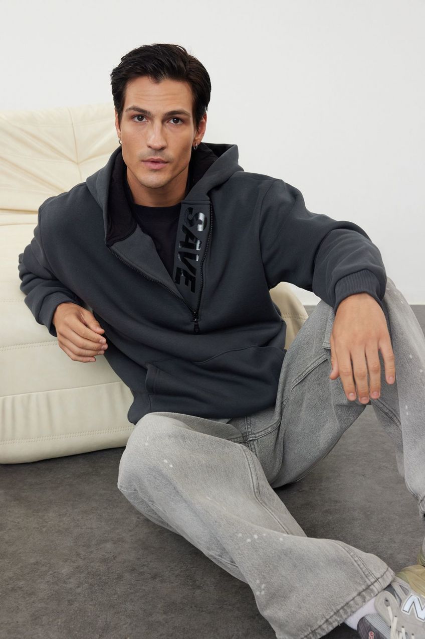Trendyol Anthracite Oversize/Wide Cut Zipper Inside Printed Polar Fleece Sweatshirt