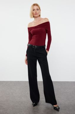 Trendyol Burgundy Ruffle/Drape Detailed Fitted Long Sleeve Stretchy Knitted Blouse