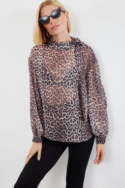 Trendyol Brown Leopard Patterned Chiffon High Collar Woven Blouse
