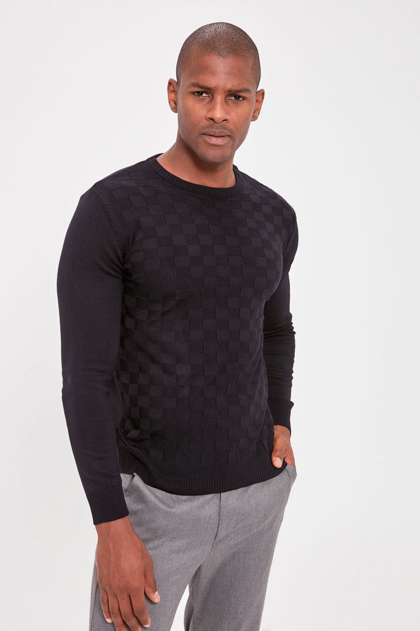 Trendyol Navy Blue Slim Crew Neck Textured Knitwear Sweater