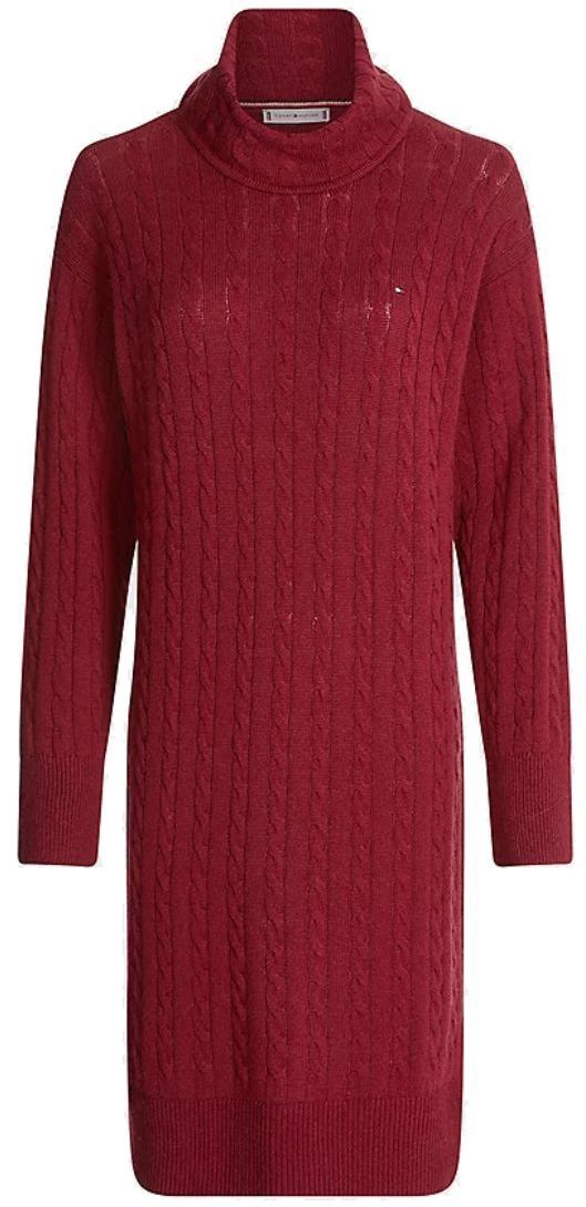 Tommy Hilfiger Šaty - SOFTWOOL CABLE ROLL-NK DRESS červené