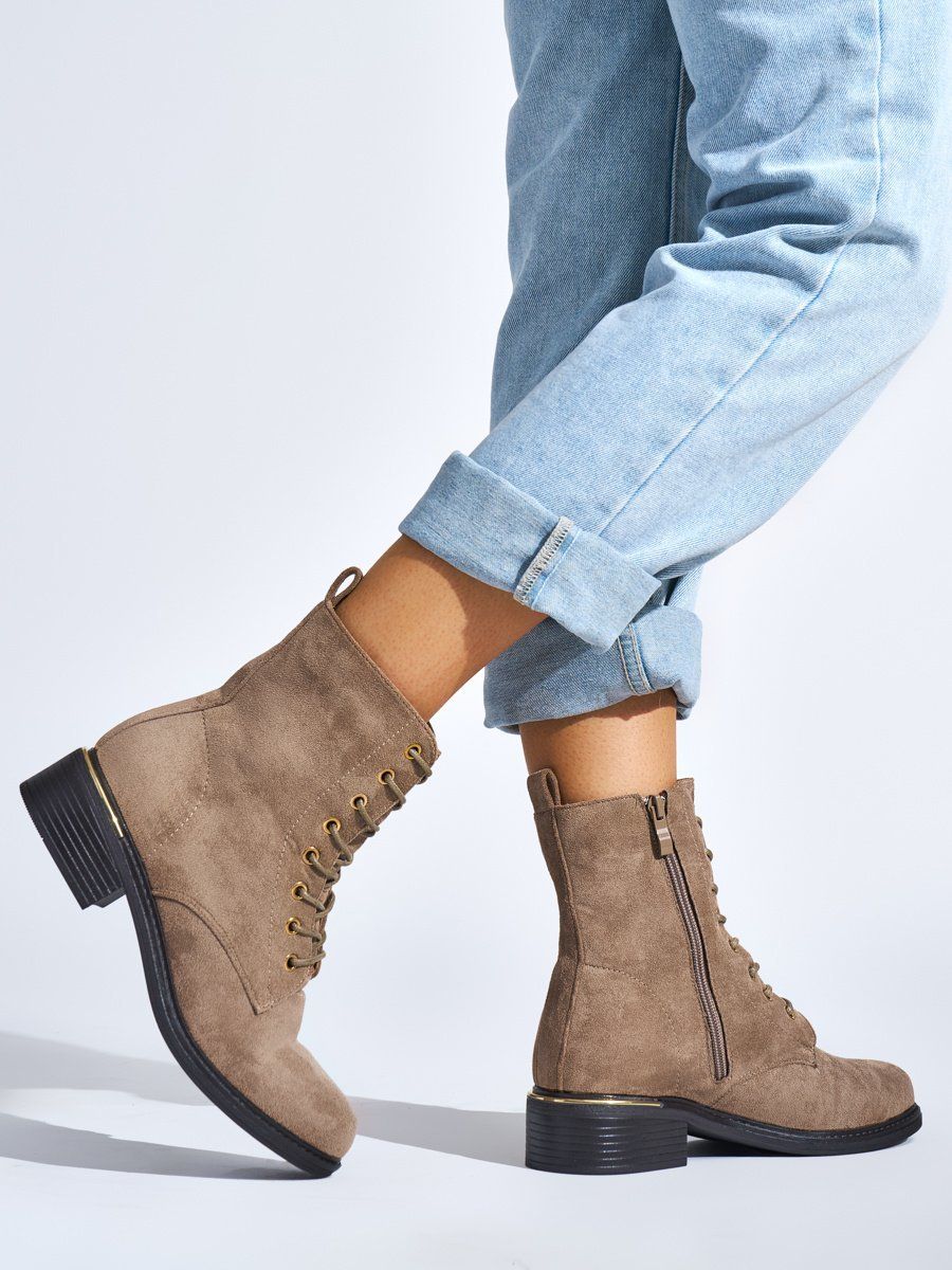 Shelvt Beige women's lace-up boots with low heels