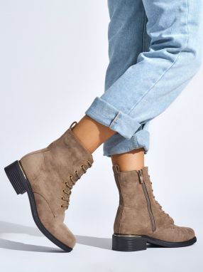 Shelvt Beige women's lace-up boots with low heels