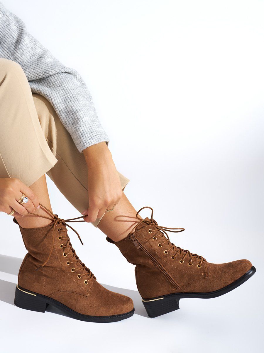 Shelvt Brown women's lace-up boots with low heels
