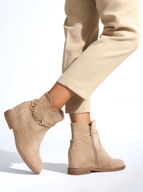 Shelvt Beige women's ankle boots with a chain