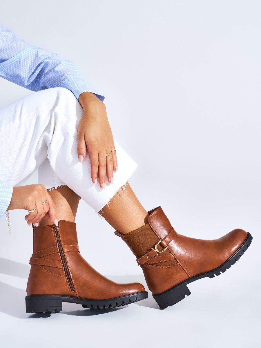 Shelvt Brown women's ankle boots with a decorative buckle