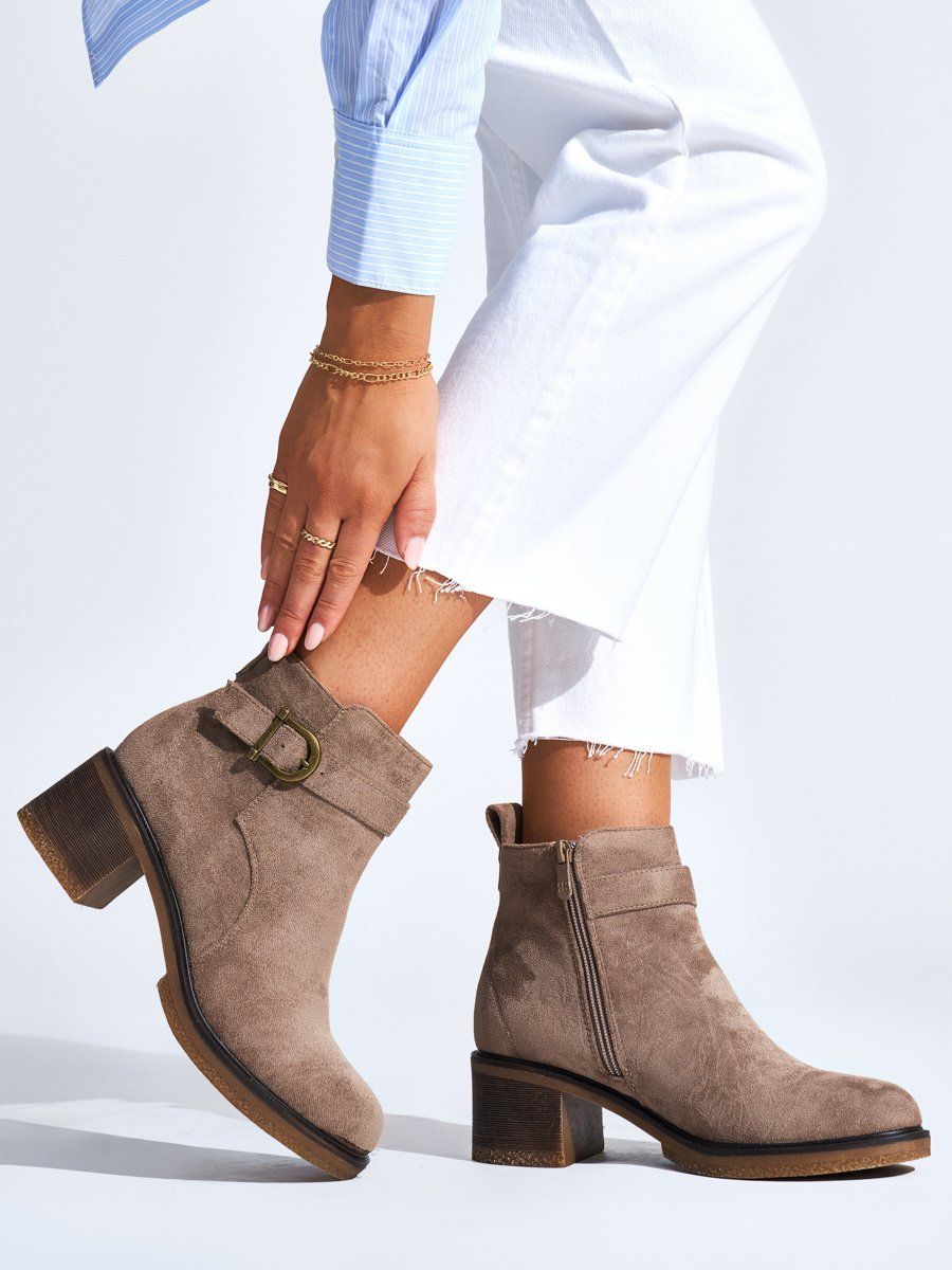 Shelvt Beige suede ankle boots on a heel