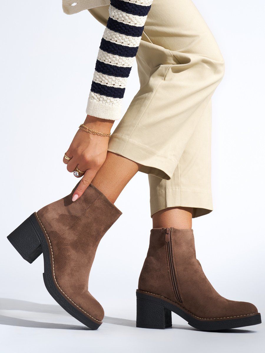 Shelvt Brown women's ankle boots on a heel