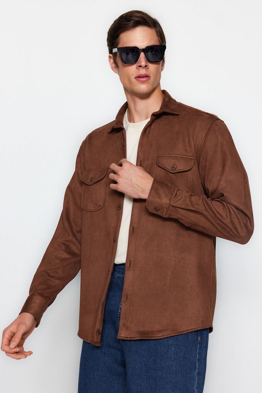 Trendyol Brown Regular Fit Double Pocket Suede Winter Shirt