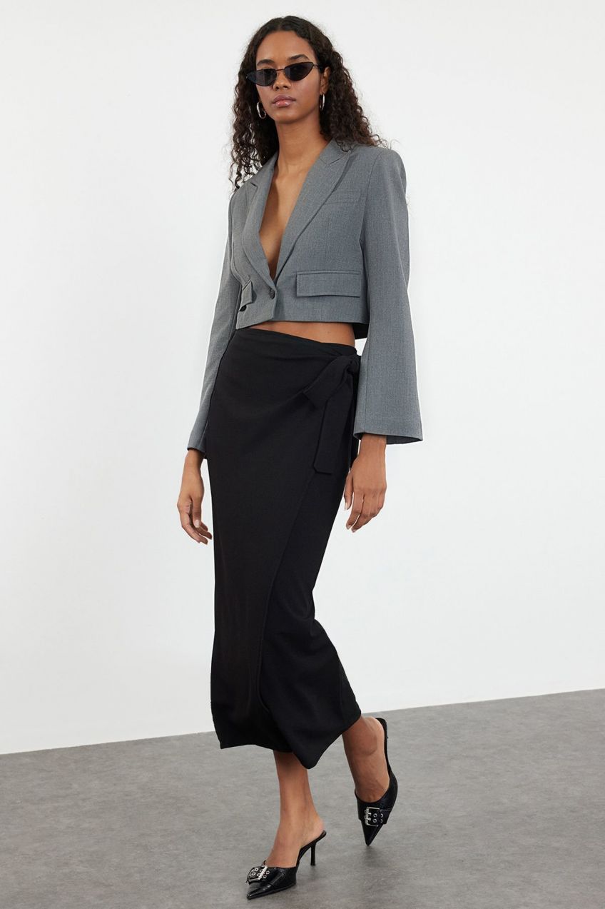 Trendyol Black Wrap Tie Slim/Fitting Flexible Midi Skirt