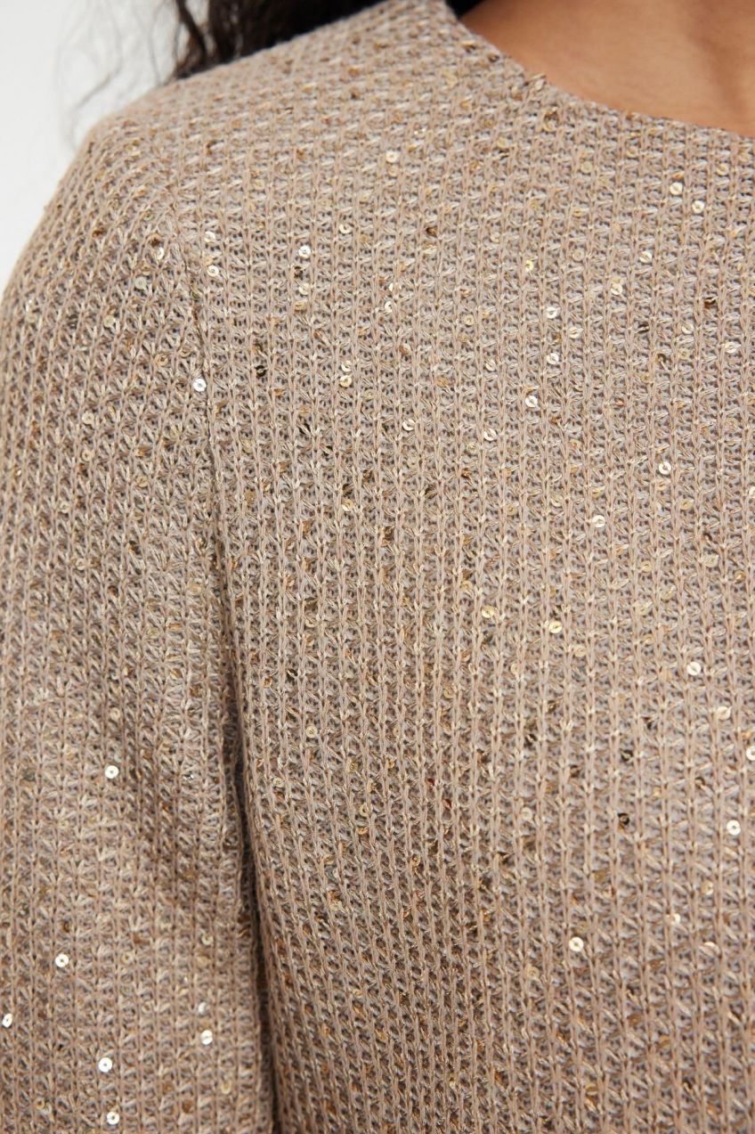 Trendyol Beige Lined Sequin Detailed Jacket Look Knitted Cardigan