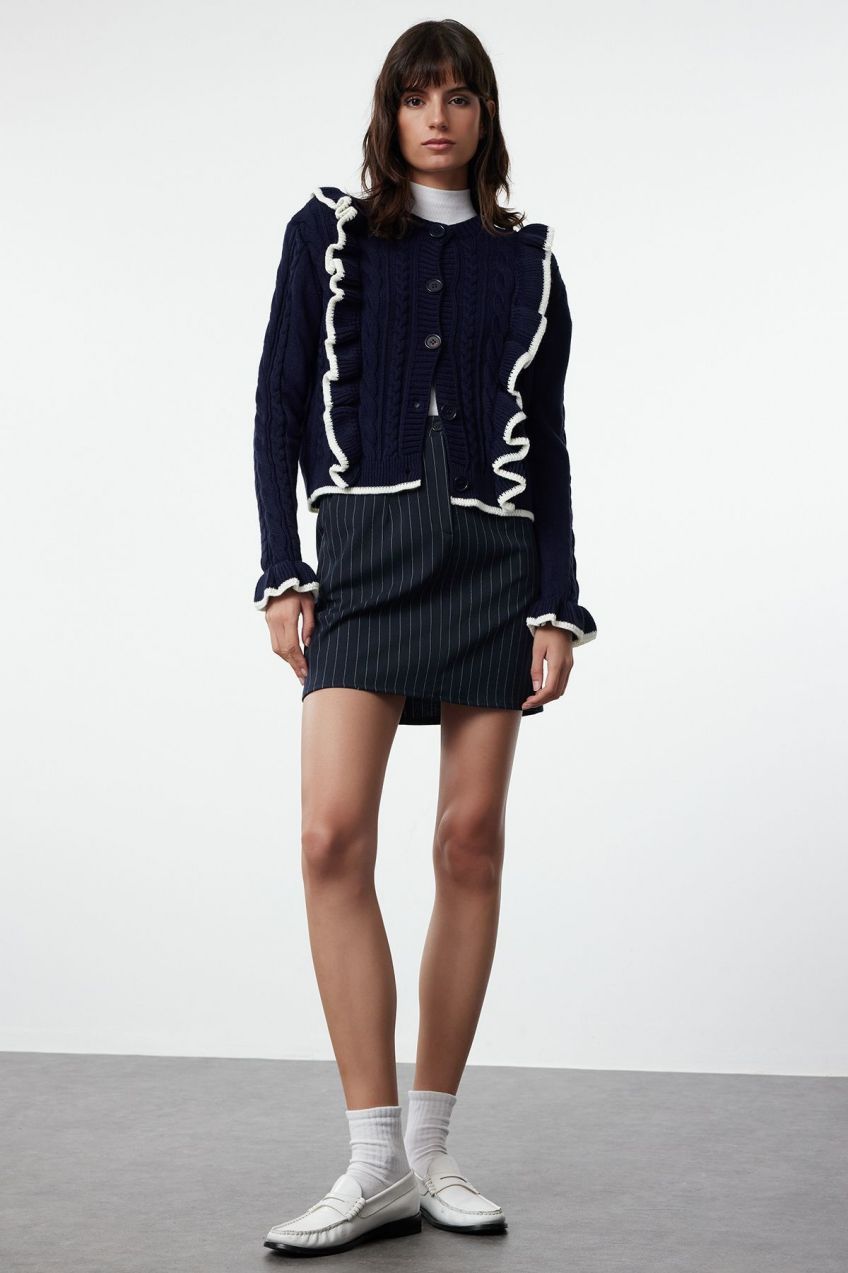 Trendyol Navy Blue Ruffle Detailed Crew Neck Knitwear Cardigan