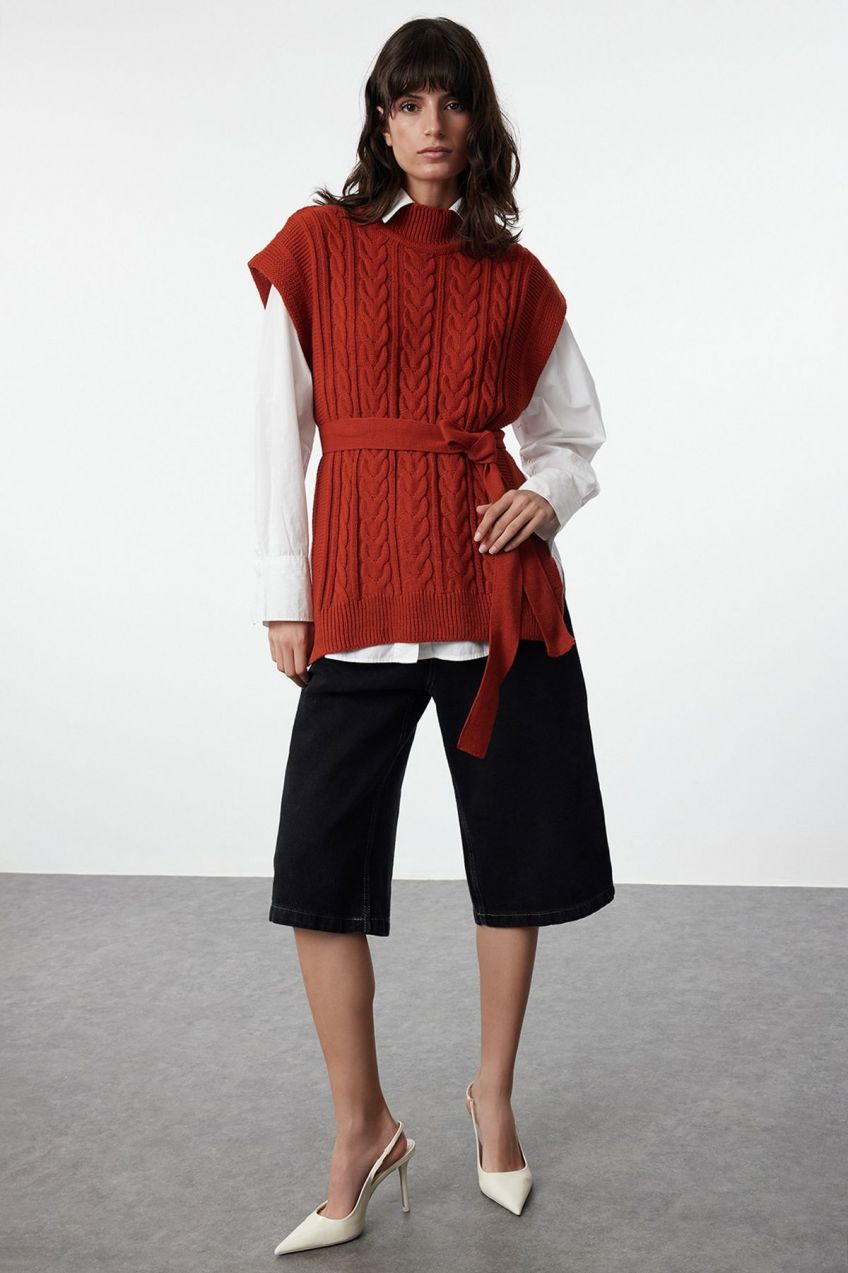 Trendyol Tile Wide Fit Wool Belted Knitwear Sweater