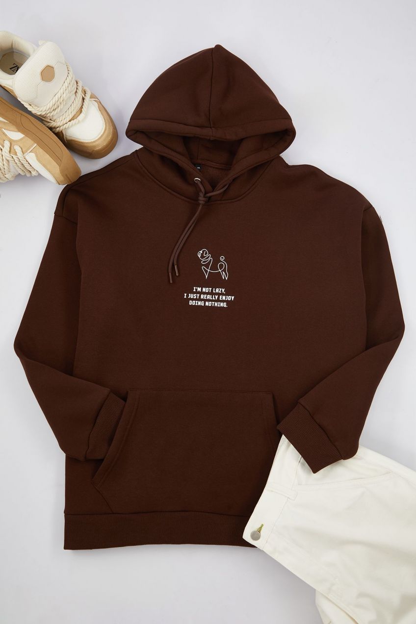 Trendyol Brown Oversize/Wide Cut Hooded Puffy Animal Print Plus Size Sweatshirt
