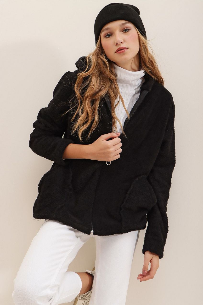 Trend Alaçatı Stili Women's Black Hooded Zippered Front Double Pocket Oversized Plush Sweatshirt