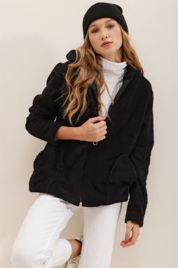Trend Alaçatı Stili Women's Black Hooded Zippered Front Double Pocket Oversized Plush Sweatshirt