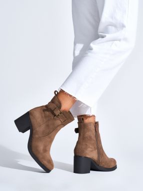 Shelvt Suede dark beige ankle boots on a heel