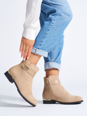 Shelvt Beige women's ankle boots with gold elements