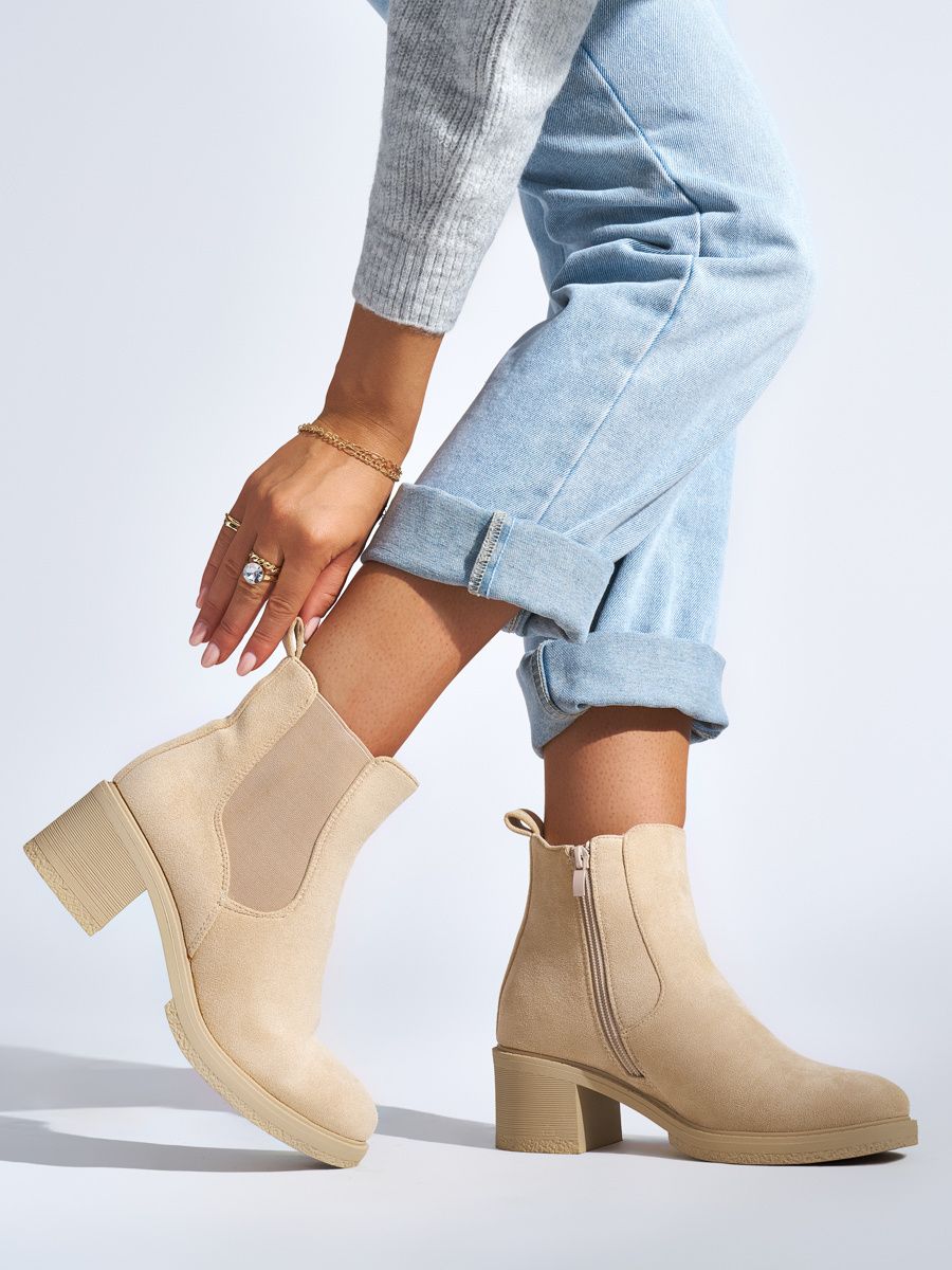 Shelvt Beige suede Chelsea boots on a heel