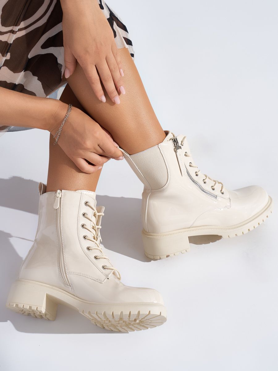 Shelvt Beige patent leather women's platform boots