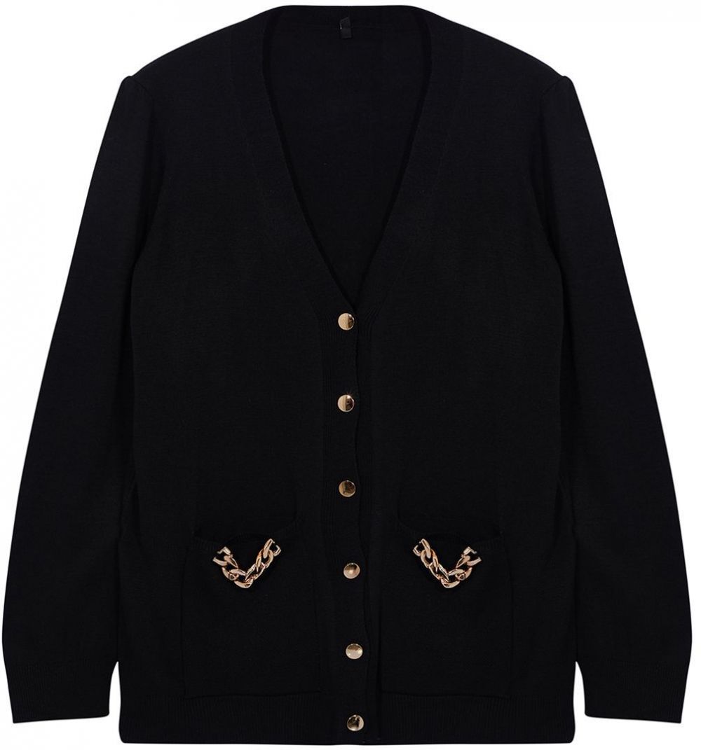 Trendyol Curve Black Chain Detailed Pocket V-Neck Knitwear Cardigan