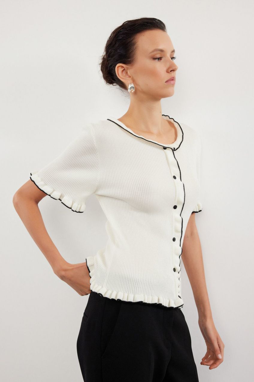 Trendyol Ecru Premium Yarn Ruffle Detailed Knitwear Cardigan